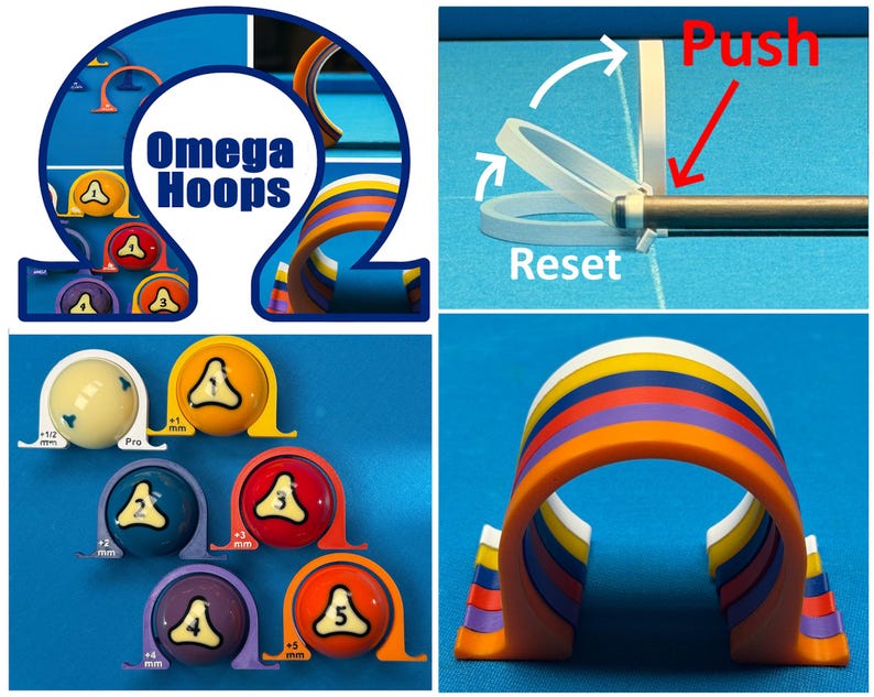 May include: A collection of billiard accessories, including the "Omega Hoops" logo, a cue stick with a reset mechanism, and several colored hoops with numbered markings. The hoops are designed to measure ball placement, with measurements in millimeters.