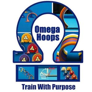 May include: An image promoting "Omega Hoops" training equipment. The design features a blue Omega symbol with colorful hoops and the text "Train With Purpose." Various hoop designs are displayed, with numbers and arrows.