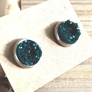 SURGICAL STEEL Forest Green Dark Green 8MM Faux Druzy Hypoallergenic Earrings on Silver Surgical Stainless Steel Studs