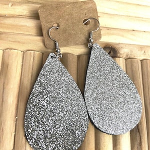 Silver Glitter Teardrop Leather Dangle Earrings Leather Earrings