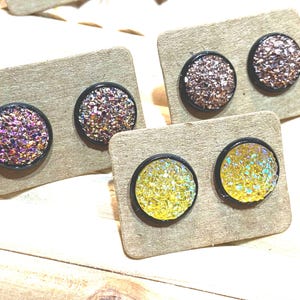 12mm Faux Druzy Earrings Copper Mulicolor Yellow on Black Stainless Steel Studs Easter Basket Mothers Day Gift