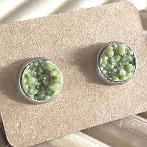 SURGICAL STEEL Basil Jade Light Green Earth Green 8MM Faux Druzy Hypoallergenic Earrings on Silver Surgical Stainless Steel Studs