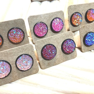 12mm Faux Druzy Earrings Pink Purple Hot Pink Light Pink on Black Stainless Steel Studs Easter Basket Mothers Day Gift