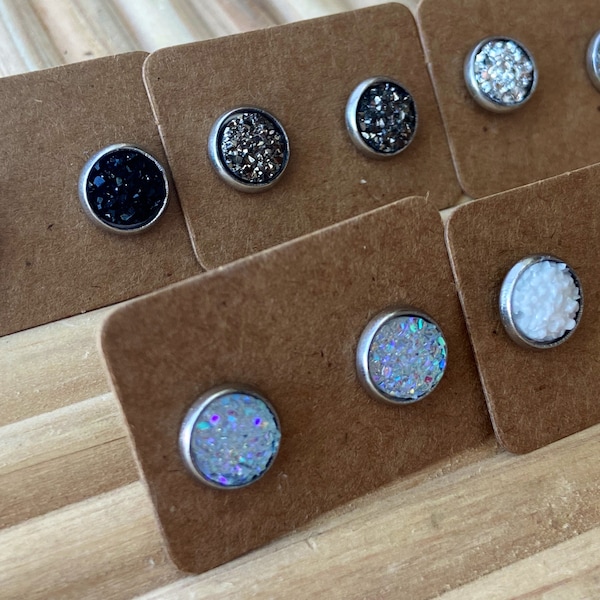 SURGICAL STEEL Black Silver White 8mm Faux Druzy Hypoallergenic Earrings Colorful Glitter Sparkle on Silver SURGICAL Stainless Steel Studs