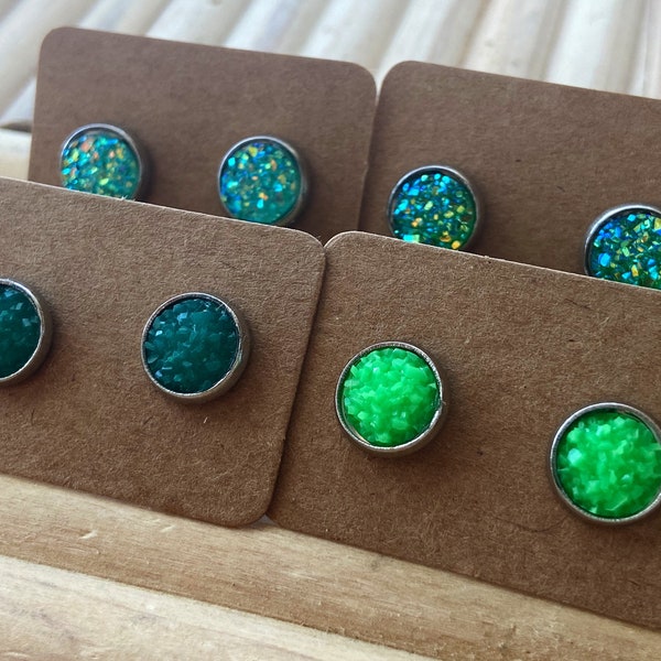 SURGICAL STEEL Green 8MM Faux Druzy Hypoallergenic Earrings Colorful Glitter Sparkle on Silver Surgical Stainless Steel Studs Easter Basket