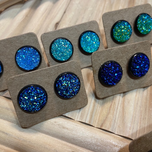 12mm Faux Druzy Earrings Blue Green Navy on Black Stainless Steel Studs Fall Earrings Stocking Stuffer Teen Girl Christmas