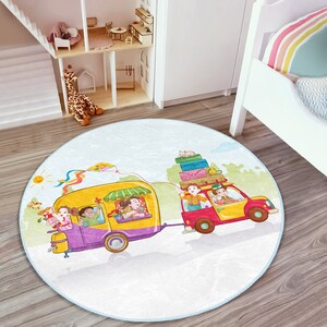 かわいいキャラバンラウンド保育園マット|滑り止め子供部屋カーペット|子供用カラフルなドアマット|車プリントラグ|アクティビティキッズマット|子供部屋の装飾