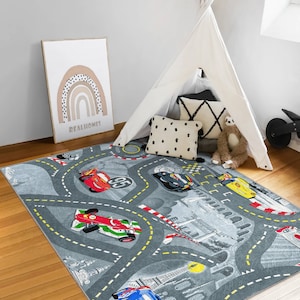 Raceauto's speelkamertapijt| Verkeersspeelmat| Wegdeken Kindermat| Antislip jongenstapijten| Autowegtapijt| Handgemaakte speelmat| Rood en grijs rechthoekkleed