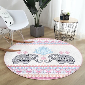 Elephant Pattern Round Yoga Mat|Anti-Slip Meditation Mats|Soft Exercise Rug|Comfortable Pilates Mat|Bestselling Carpet|Handmade Pilates Mat