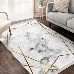 Marble Pattern White Area Rug|Anti-Slip Luxury Saloon Rug|Rectangle Fringed Floor Mat|Washable Living Room Rug|Gold Striped Dining Room Rug