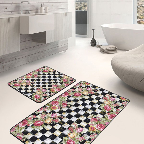 Floral Bath Mat|Checkered Bath Mat|Anti-Slip Kitchen Mat|Black And White Bath Mat|Rose Pattern Kitchen Mat|Bestselling Bath Mat Set Of 2