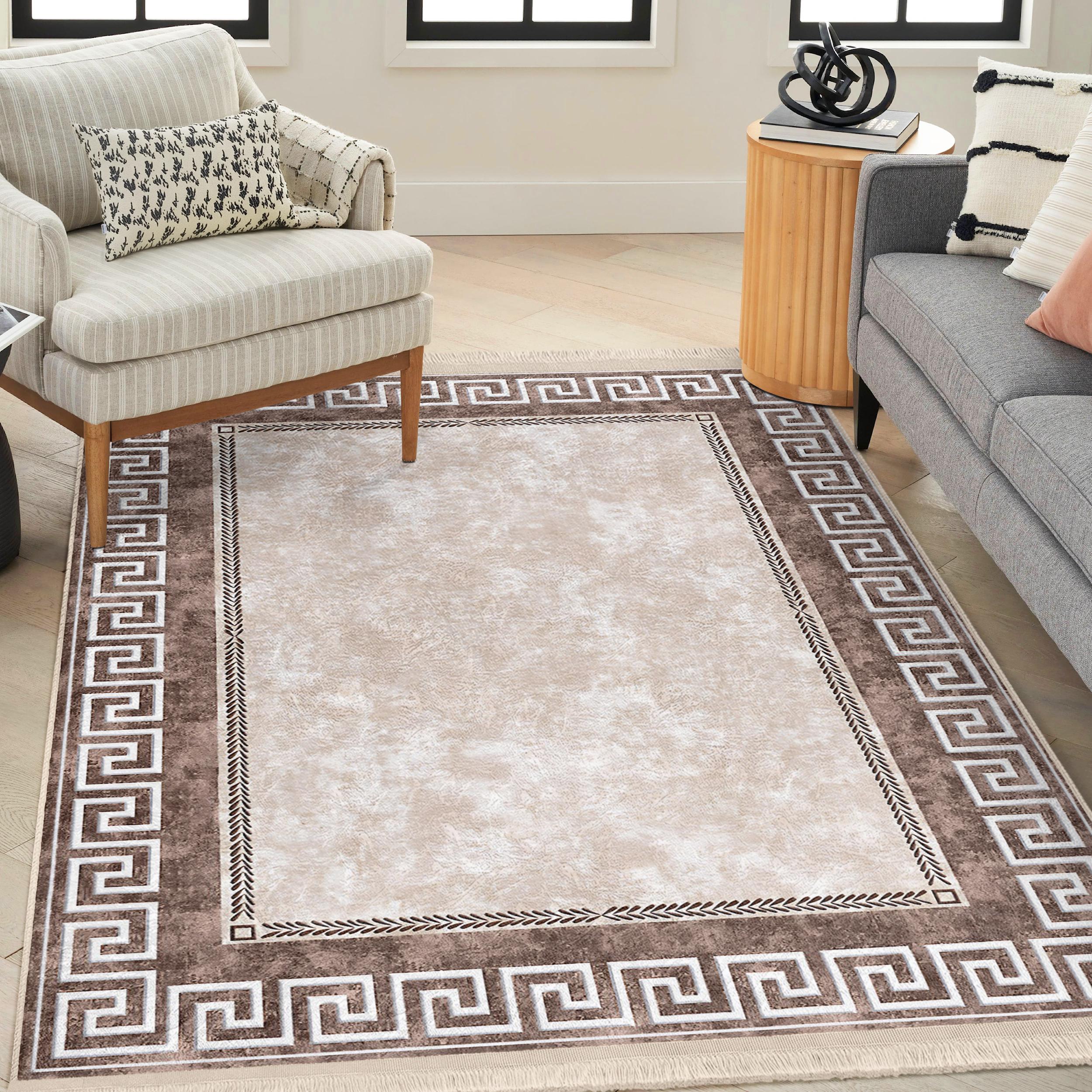 Brown and Beige Area Rug|framed Carpet|fringed Rugsgreek Key |washable ...