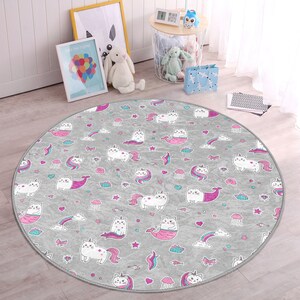Girl's Room Rug With Cat|Gray Kid's Carpet|Cute Cat Pattern Mat|Washable Children's Mat|Best Gift|Baby Room Decor|Animal Figured Mats