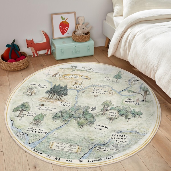 Round Winnie Map|100 Acre Wood Rug|Pooh Map Carpet|Babyshower Gift|Washable Baby Door Mat|Circle Forest Rug|AntiSlip Kids Rugs|Baby Room Rug