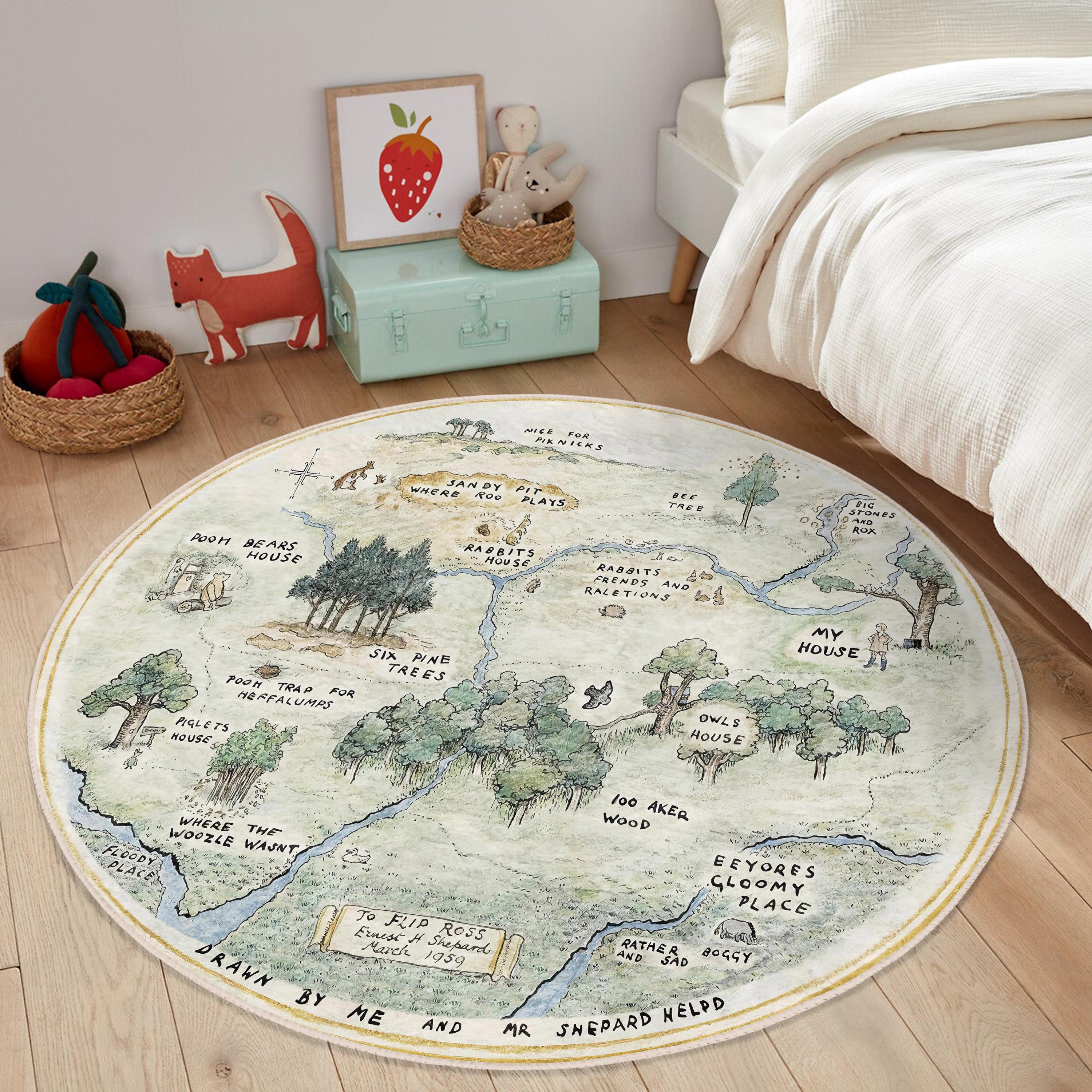 Runder Winnie Map|100 Acre Holz Teppich|Pooh Map Teppich|Babyshower Geschenk|Waschbare Baby Fußmatte|Kreis Waldteppich|AntiSlip Kinderteppiche|Babyzimmer Teppich