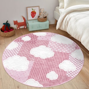Patchwork Rosa Teppich|Kinderzimmer Teppich|Handgemachte Teppiche|Wolken Teppich|Kinderkarten|Kreis Babyzimmer Teppich|Anti-Rutsch Babyzimmer Teppich
