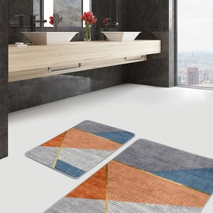 Blue And Orange Striped Bath Mat|Non Slip Bath Mat Set Of 2|Bestselling Bathroom Rug|Modern Bathroom Decor|Handmade Shower Mat|Kitchen Rugs