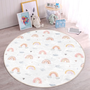Boho Regenbogen Kinderzimmer Matte|Rund Kinderzimmer Teppich|Klare Farbe Kinderzimmer|Waschbare Baby Türmatte|Anti-Rutsch Kinder Teppiche|Baby Room Decor|Babyshower