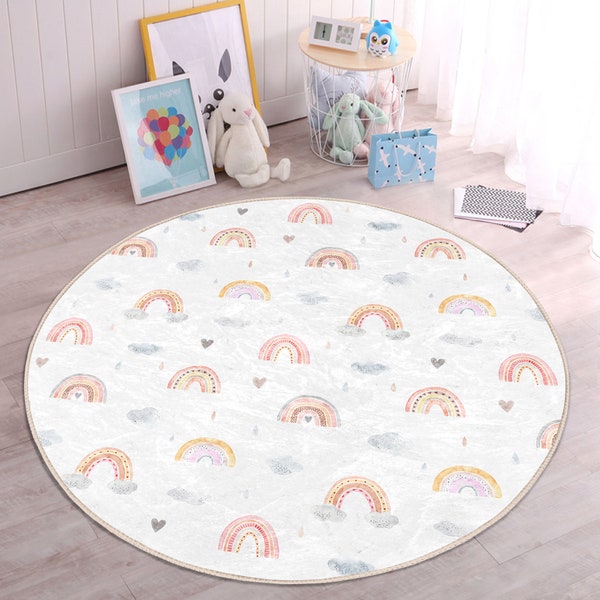 Boho Rainbow Nursery Mat|Round Kid's Room Carpet|Clear Color Kids Room|Washable Baby Door Mat|Anti-Slip Kids Rugs|Baby Room Decor|Babyshower