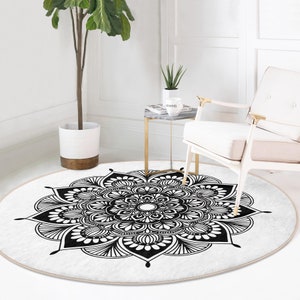 Round Yoga Mats|Mandala Pilates Mat|Keolorn Print Area Rug|Black Pattern Living Room Rugs|Anti-Slip Exercise Rug|Bestselling Yoga Mat