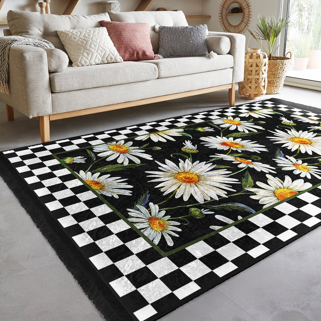 Daisy Pattern Living Room Rug|non-slip Floral Rug|washable Black ...