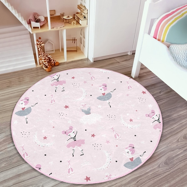 Ballerina Girl Pink Nursery Rug|Girl's Room Decor|Handmade Rugs|Washable Nursery Rug|Kinderkarten|Circle Door Mat|Anti-Slip Baby Room Rug