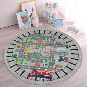 電車の線路 滑り止めプレイマット|シティロード 子供用ラグ|お手入れ簡単 子供用カーペット|保育園用ラグ|キンダーカート|アクティビティマット|ベストセラーラグ