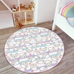 Süße Lämmer Anti-Rutsch Teppich|Maschinenwaschbare runde Babyteppiche|Babyzimmer Dekor|Weicher Babyzimmer Teppich|Gestreifter Kinderteppich|