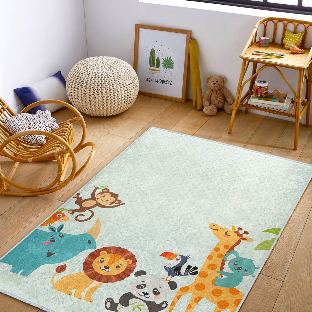 Kids Rug With Jungle Animals|kids Room Area Rug|blue Nursery Play Mat ...