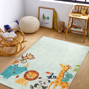 Kinderteppich mit Dschungeltieren|Kinderteppich|Kinderteppich|Kinderzimmer Teppich|Waschbarer Kinderteppich|Safari Kinderteppich|Anti-Rutsch-Spieldecke|Polka-Dot Teppich