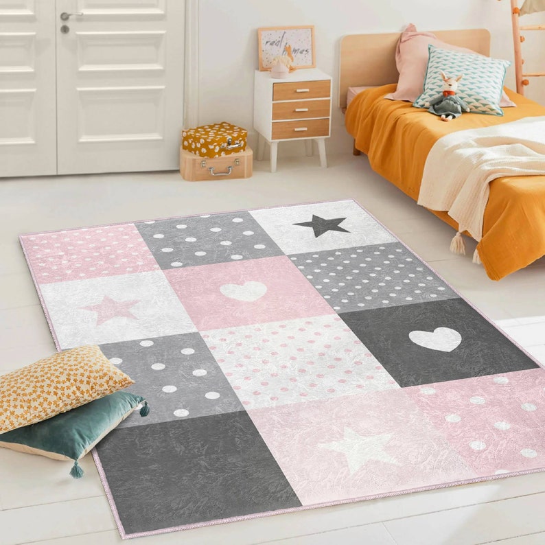 Baby Rooom Rugs Patchwork Nursery Mat|pink Baby Room Rug|gray Kids Rugs|anti-slip ...