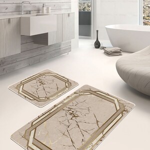 Anti-Slip Beige Framed Bathroom Mat|Marble Pattern Kitchen Door Mat|Bathroom Decor|Washable Bathroom Mats|Absorbent Toilet Mat|Modern Mats