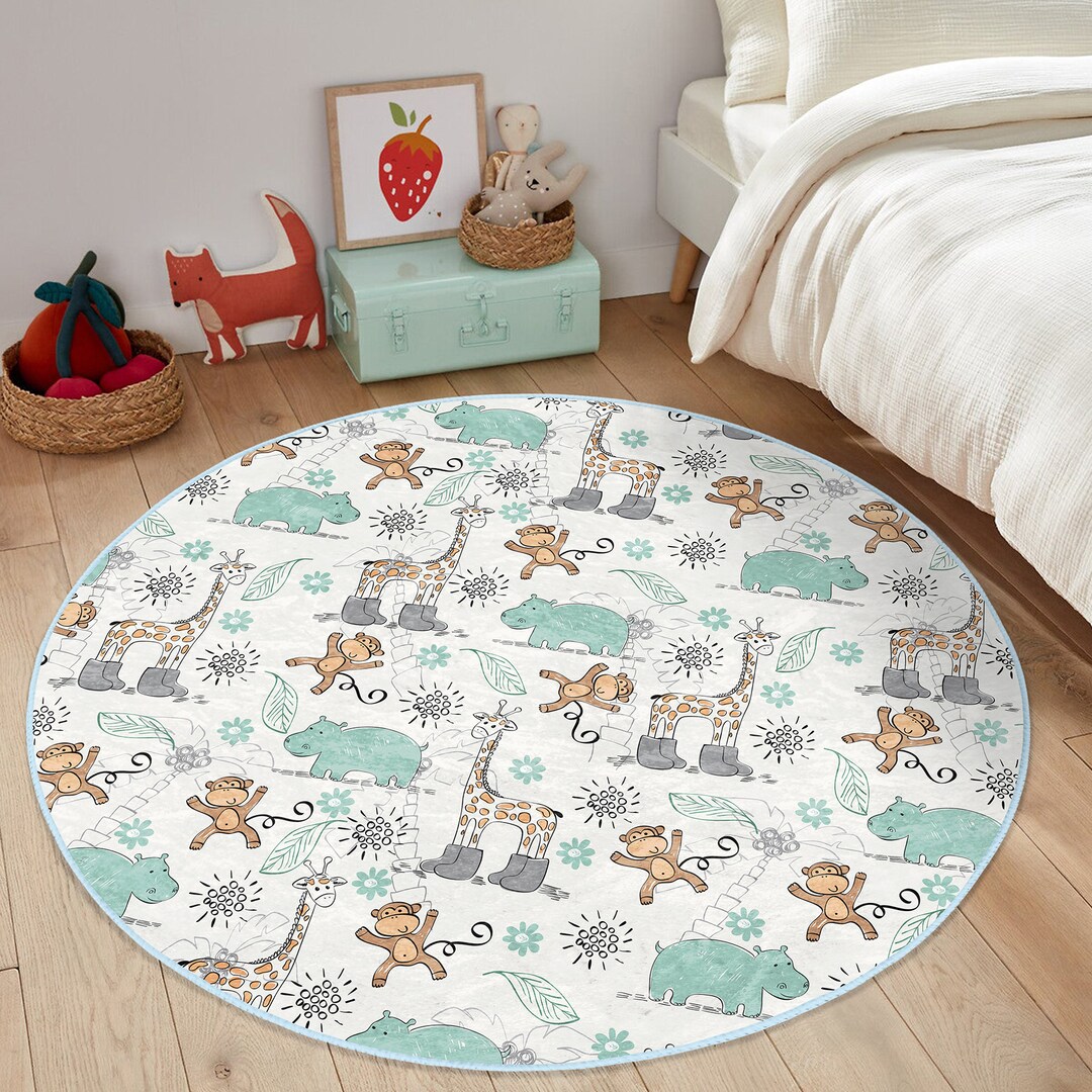 Babay Rugs Hippo Print Nursery Rug|round Baby Rug With Monkey|zoo Themed Anti-slip ...