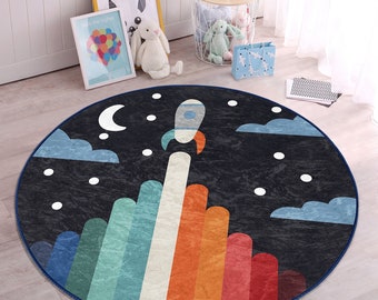 Colorful Kid's Carpet|Play Mat|Baby Room Decor|Rocket Figured Washable Rug|Kinderkarten|Nursery Rug|Handmade Birthday Gift|Round Kid's Rug