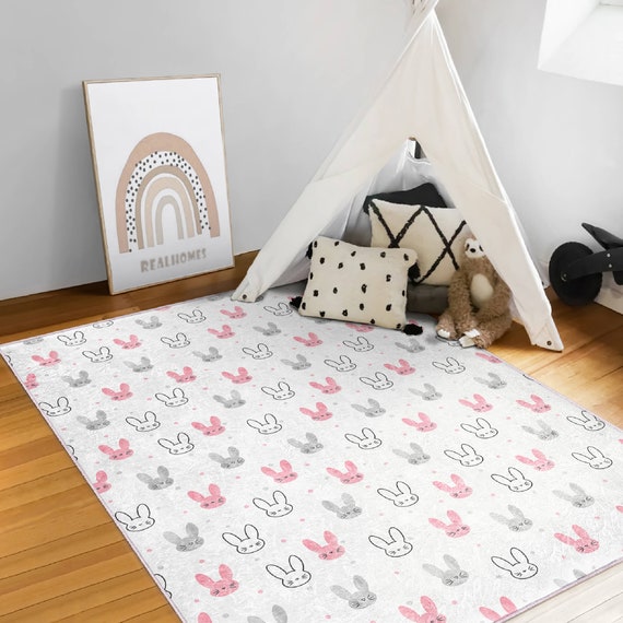 Happy Rabbits Baby Room Rug|Bestselling Kids Room Rugs|Clear Color Kid's Carpets|Rectangle Kids Room Rug|Cute Bunny Baby Rugs|Easy Clean Rug