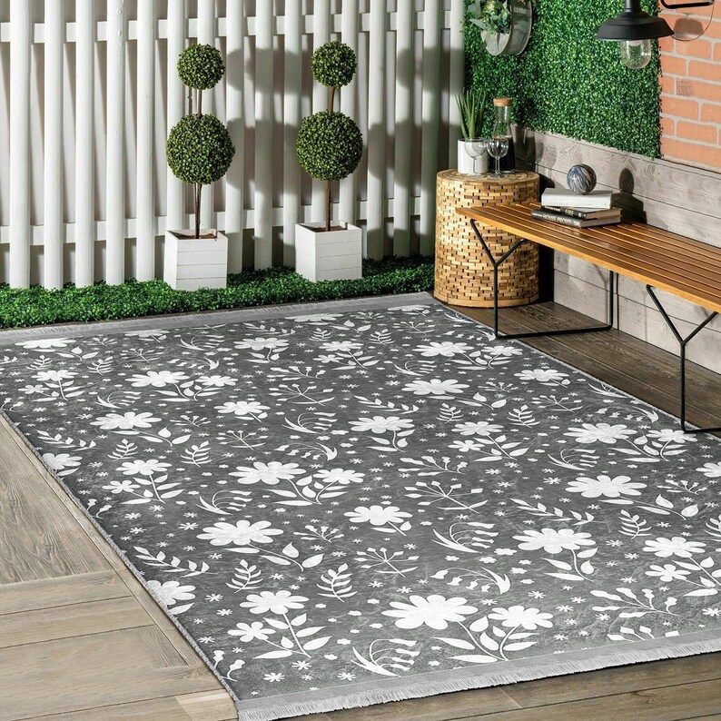 Floral Gray Area Rugantislip Living Room Rugsfringed Doorway Rugcustom