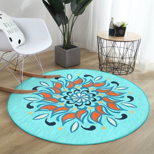 Round Floral Yoga Mat|Mandala Pilates Mat|Blue Workout Mat|Boho Soft Yoga Mat|Custom Design Meditation Mat|Washable Pilates Mat|Handmade Rug