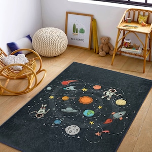 Space Themed Kid&#39;s Rug|Cute Astronauts Nursery Mat| Planets Children&#39;s Carpet|Navy Blue Children&#39;s Rug|Boy&#39;s Room Decor|Rectangle Kids Rug
