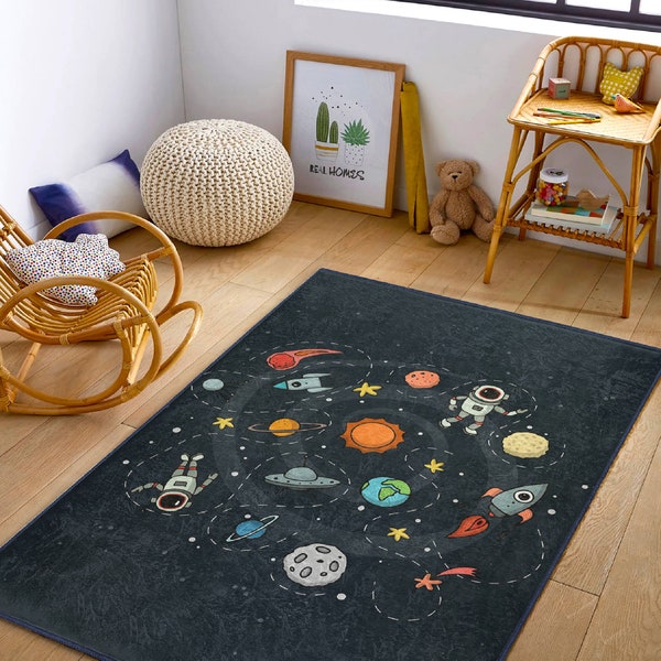 Space Themed Kid's Rug|Cute Astronauts Nursery Mat| Planets Children's Carpet|Navy Blue Children's Rug|Boy's Room Decor|Rectangle Kids Rug
