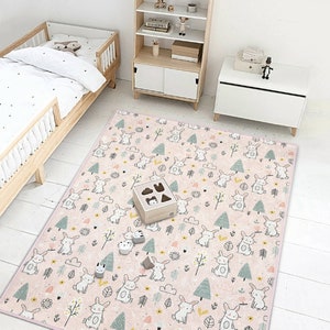 Kurioser Hasen Baby Teppich|Bestseller Kinderzimmer Teppich|Wald Motiv Kinderteppich|Rutschfester Rechteck Kinderzimmer Teppich|Süßer Hase Teppich