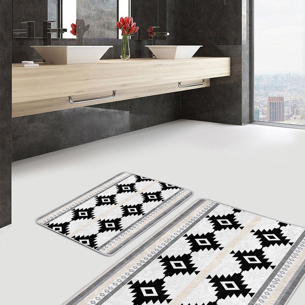 Tapis de douche noir et blanc | Tapis de bain imprimé aztèque | Tapis de bain absorbant | Tapis de salle de bain lavable à séchage rapide | Tapis de porte de cuisine ethnique | Tapis de toilette