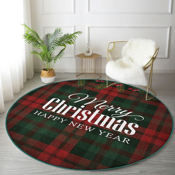 Happy New Year Carpet|mery Christmas Green Round Rug|check Pattern