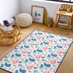 Cute Dolphin Washable Kids Play Mat|Underwater Kids Carpet|Anti-Slip Nautical Nursery Mat|Baby Room Decor|Marine Themed Soft Kids Rugs