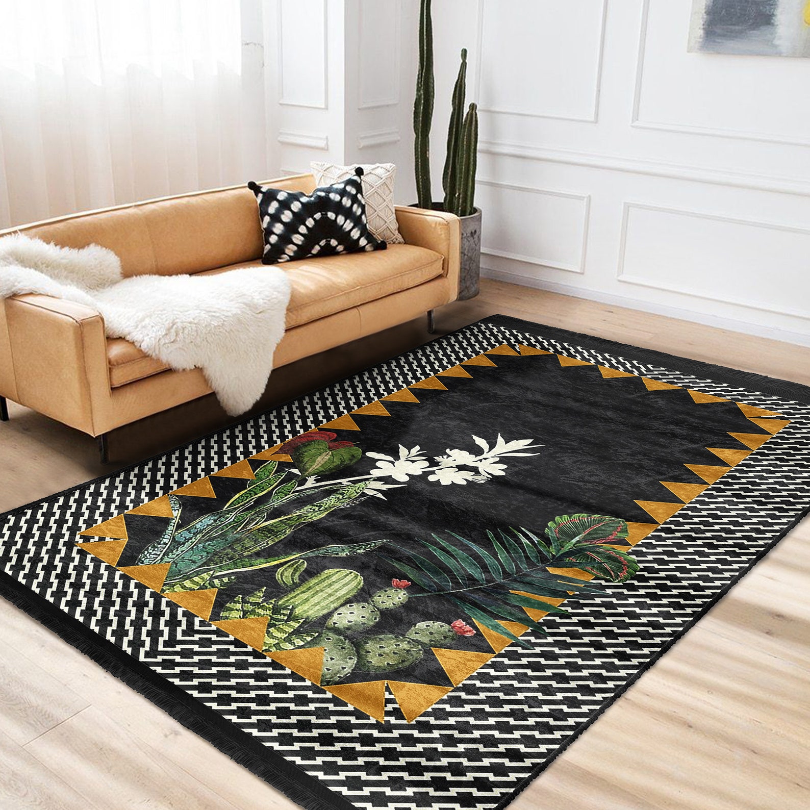 Floral Black Area Rug|green Living Room Rug|rectangle Cactus Pattern ...
