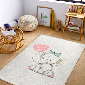 Süßer Elefant Baby Teppich|Waschbar Kinderzimmer Teppich|Einzigartige Babyteppiche|Baby Teppiche mit Tiermotiven|Babyzimmer Dekor|Weiche Babyteppiche|Anti-Rutsch Teppiche