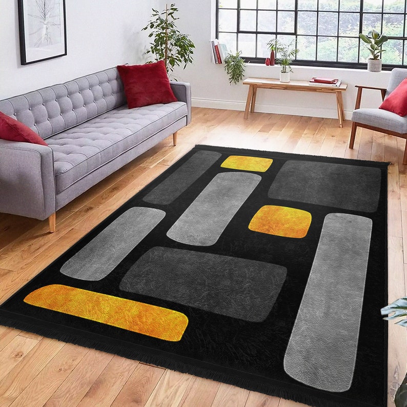 Black Rectangle Area RugNon-Slip Yellow RugAbstract Gray CarpetDining Room RugsBestselling RugGeometric Kitchen RugsModern Home Decor image 2