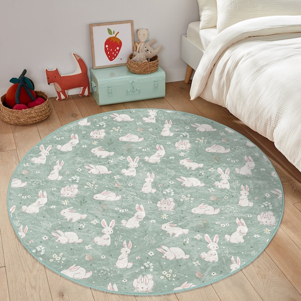 Bunny In The Forest Kid's Room Rug|Washable Round Nursery Rug|Anti-Slip Rabbit Figured Baby Room Carpet|Green Kid's Door Mat|Kinderkarten