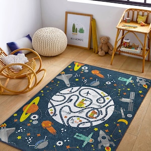 Alfombra de habitación para niños del espacio exterior/alfombra temática espacial para habitación de niños/alfombra de juego con patrón de astronauta/alfombras rectangulares para niños/alfombras para niños con cohetes/regalos para niños