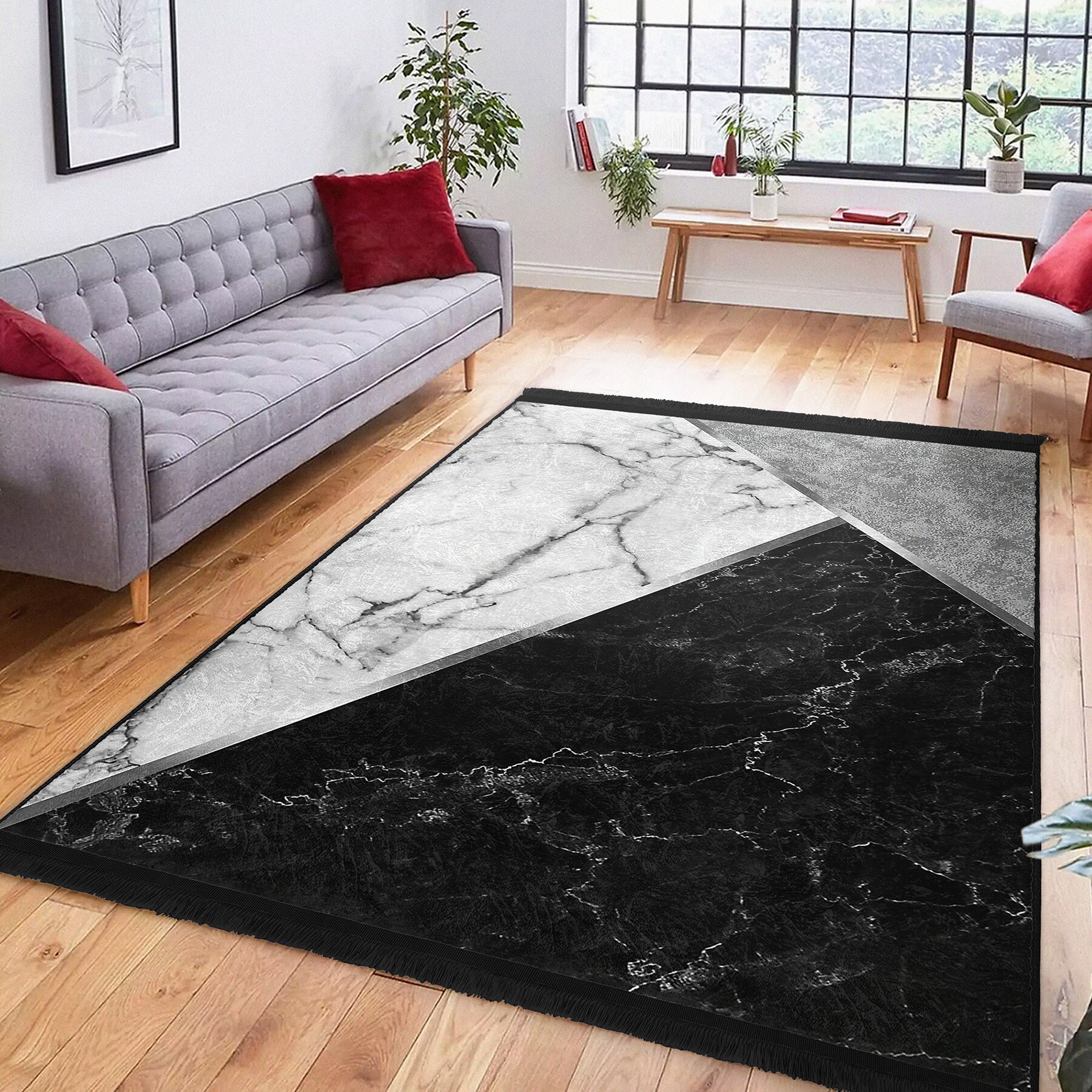 Marble Pattern Black Living Room Rug|fringed Carpet|washable Doorway ...