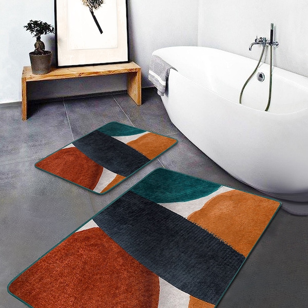 Orange Badematte|Anti-Rutsch Grün Badezimmer Teppich|Badezimmer Dekor|Waschbare Abstrakte Badezimmermatten|Leicht zu Reinigen Toilettenmatte|Bestseller Badematten
